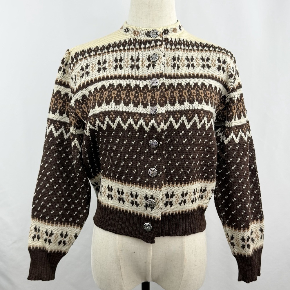 Vintage Jersild Wool Fair Isle Cardigan Nordic Brown Cream Knit Sweater ML